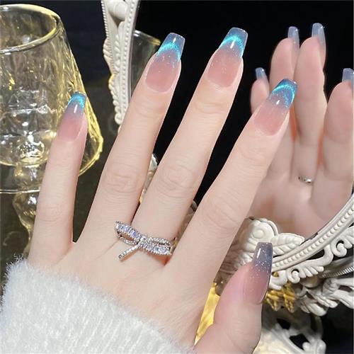 Popular Style Wearable Nails: Ice-Clear Dreamy Blue French Cat-Eye Dynamic Handmade Fake Nails, Wearable Nail Art Finished Nail Pieces