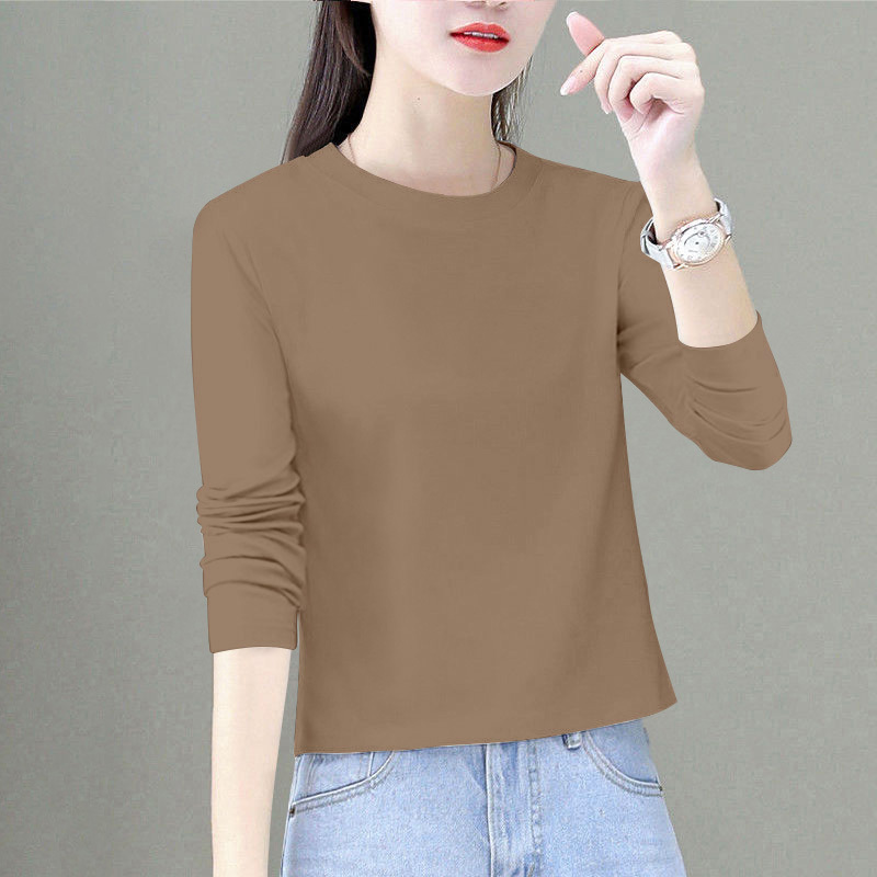Coffee-Colored Long-Sleeved T-Shirt for Women, Spring and Autumn 2026 New Style, Petite, High-Waisted, Slimming, Short, Solid Color Base Shirt