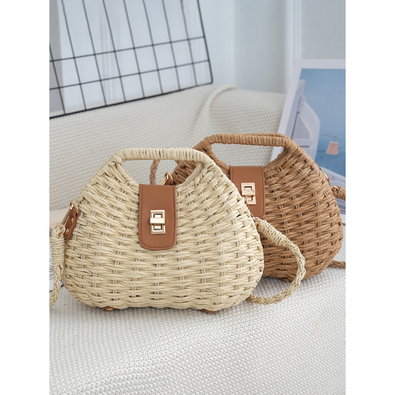 New Version of Korean-Style Woven Crossbody Bag for Women, Summer Beach Vacation Style Straw Frame Handbag