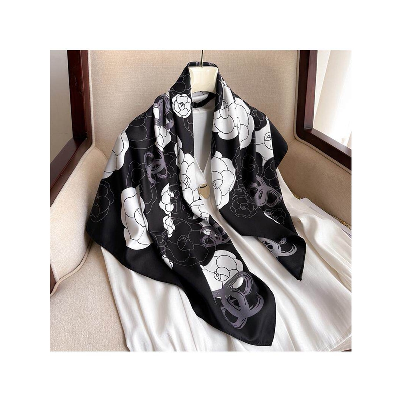 Suitable for Chanel's New Style Small Fragrant Camellia Silk Scarf 90cm Twill Scarf, Light Luxury and Elegant Large Square Scarf with Sun Protection