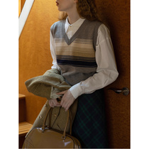 Retro college style striped knitted vest knitted gradient layered tops for inner wear and outer wear for women spring