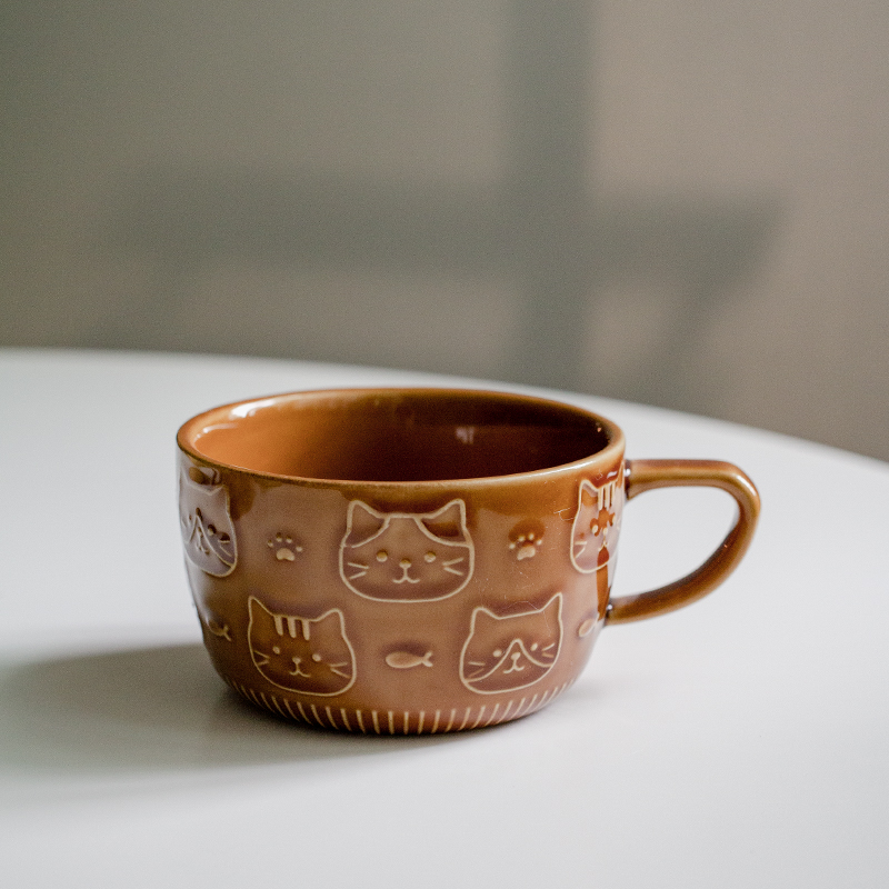 Brown Cat Cup (In Stock)Japanese  Kitty ceramics relief Cartoon Well done! Soup cup With cover Water cup Mug teacup coffee cup grey a plate