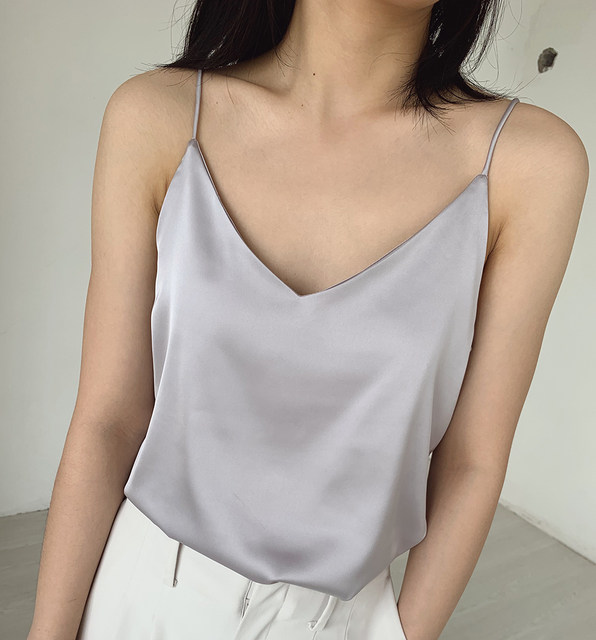 Satin imitation silk adjustable thin shoulder strap camisole v-neck bottoming regular commuting solid color slim champagne color