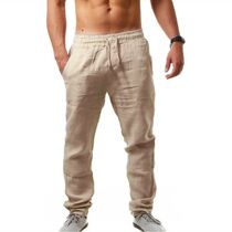 Mens Cotton Linen Long Pants Summer Solid Color Breathable