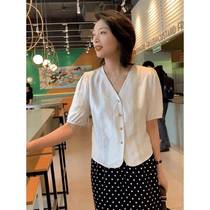 Temperament acetate pleated v-neck short-sleeved shirt for women 2024 summer design thin loose versatile top cardigan