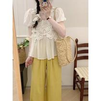 Korean style sweet temperament heavy industry lace splicing apricot summer thin straight pants loose cotton linen wide leg pants for women