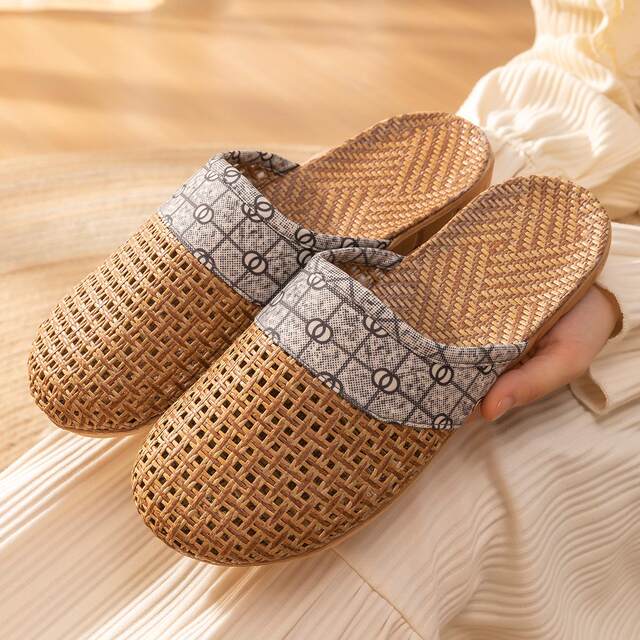 Elderly non-slip slippers Baotou men's indoor home handmade rattan straw woven linen woven sandals and slippers couple shoes