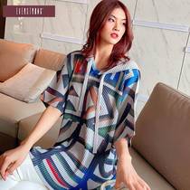 Lanxin pleated new European and American fashionable casual pullover jacket hooded loose short-sleeved printed color block top