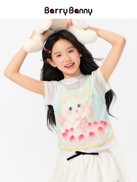 Barrybanny Girls' Cat Breathable T-Shirt 2026 Summer New Style Kidsren's Fake Two-Piece Lightweight Short-Sleeved Top — 2