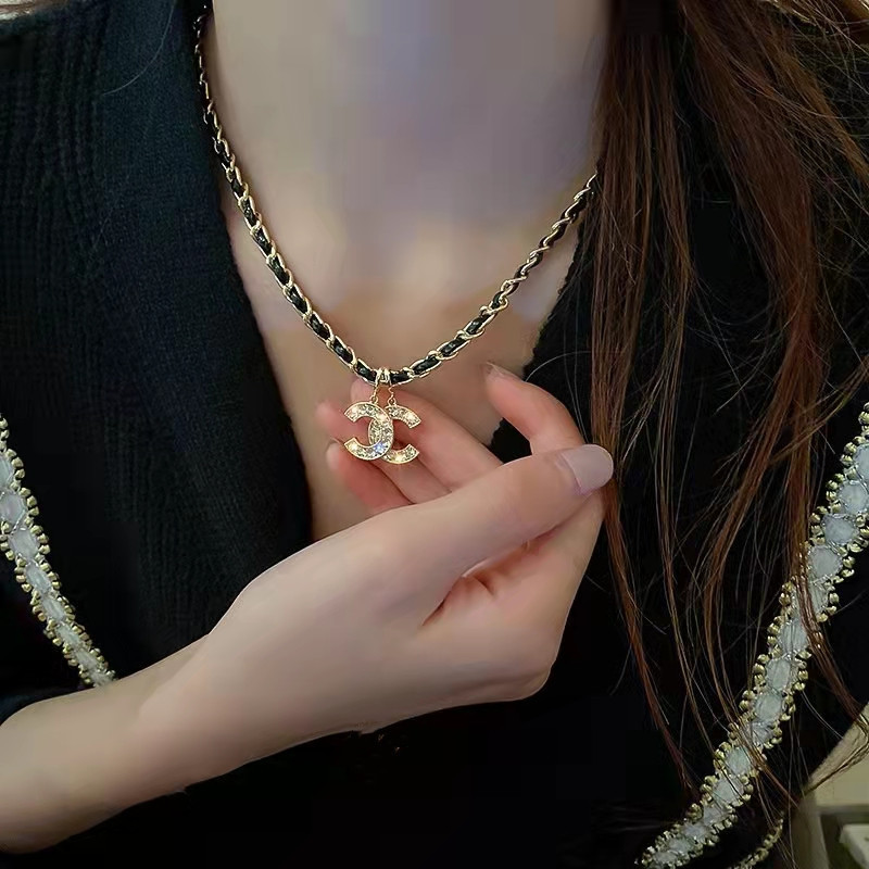 Suitable for Chanel 24 New Model Leather Diamond-Encrusted Double C Letter Necklace for Women, Light Luxury, High-End Niche Design, Chanel Style