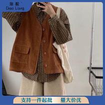 Waistcoat Japanese style workwear style corduroy for women Hong Kong style retro pocket loose vest vest with sleeveless jacket for women