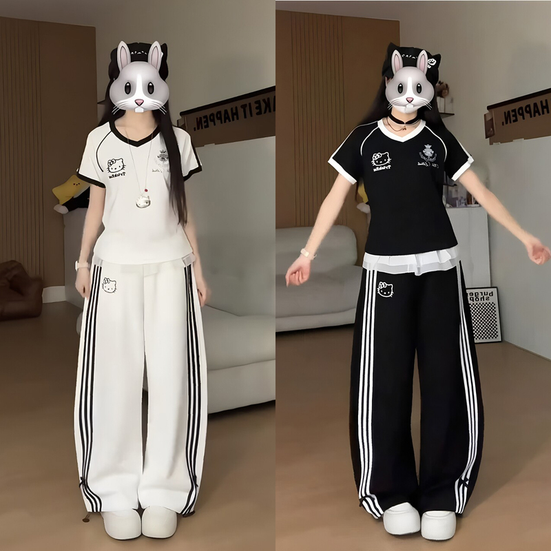 American Sweet Cool Style Niche Casual Sportswear Set for Women, Summer Striped Top, Fake Two-Piece Wide-Leg Pants Two-Piece Set American Sweet Cool Style Niche Casual Sportswear Set for Women, Summer Striped Top, Fake Two-Piece Wide-Leg Pants Two-Piece Set