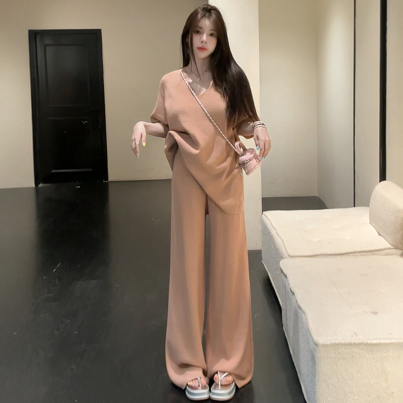 Old Money Style Relaxed Casual Suit for Women, New Summer Minimalist Lazy Loose Short-Sleeved Wide-Leg Pants Sports Two-Piece Set