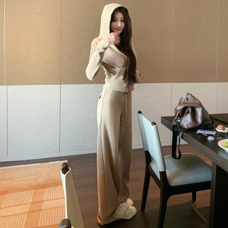 Trendy Casual Sweatshirt Set for Women, Autumn and Winter, High-End Chanel-Style Hooded Jacket and Wide-Leg Pants Two-Piece Set Trendy Casual Sweatshirt Set for Women, Autumn and Winter, High-End Chanel-Style Hooded Jacket and Wide-Leg Pants Two-Piece Set