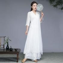 Chinese style Zen clothing fairy tea clothing waist-cinching Zen style improved cross-collar Han clothing Chinese style loose dress spring and summer