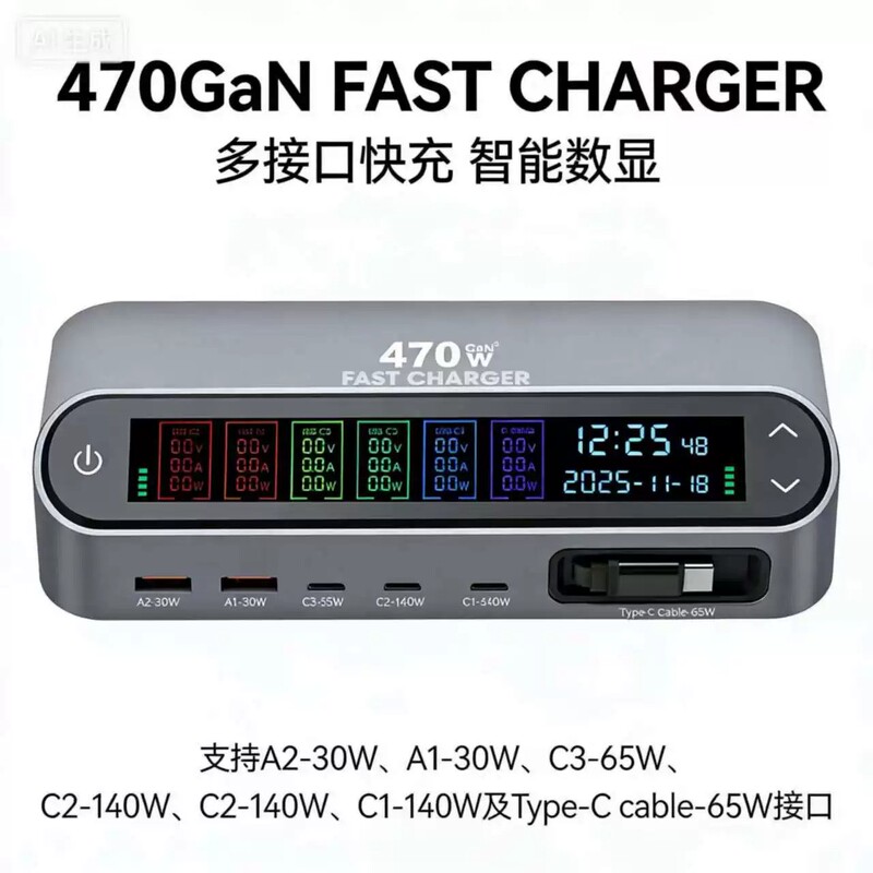 New Nitrogen-Cooled 470W Gallium Retractable Digital Cross-Border Desktop 140W Super Pd31 Charger with Fast Charging and Display Screen