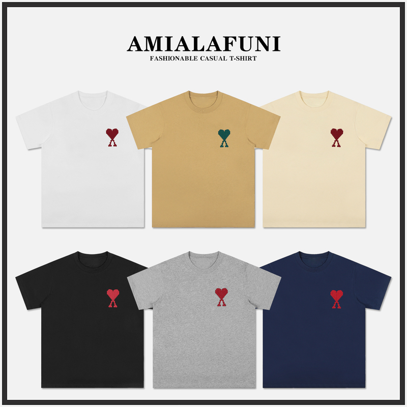 [in Stock for Immediate Delivery] Ami Alafuni Short-Sleeved T-Shirt Summer New Style Large Heart Embroidered Half-Sleeved Top for Men and Women