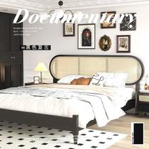 Nordic solid wood rattan bed master bedroom large bed retro light luxury double bed modern simple wabi-sabi style black bed rattan bed