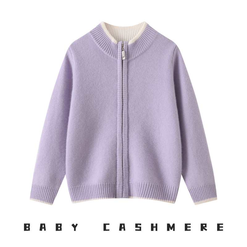 New Children's 100% Cashmere Sweater for Boys and Girls, Stand-Up Collar, Zip-Up Cardigan, Seven-Needle Thick Knit Sweater, Color-Blocked Jacket