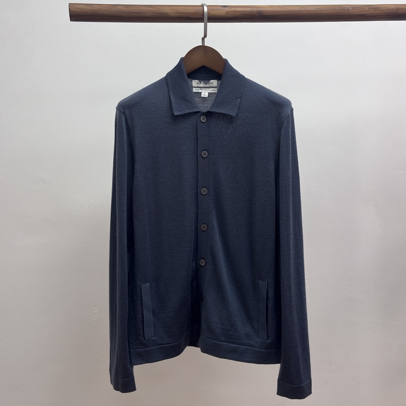 100% Merino Wool Minimalist Style Lapel Knit Cardigan for Men, Dark Blue Long-Sleeve Button-Up Jacket for Autumn