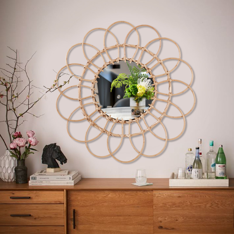 ins rattan chic mirror creative art decorative round mirror wall folk juku bedroom wall decoration living room genguan hanging mirror