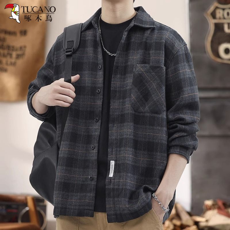 Woodpecker High-End Stylish Casual Plaid Jacket for Men 2026 New Spring and Summer Loose Long-Sleeved Shirt Men's Top