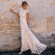 2024 Vintage Champagne Lace Bohemian Wedding Dress A Line Ca