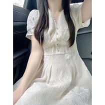 French gentle style embroidery high-end niche dress girls summer new temperament waist slimming long skirt