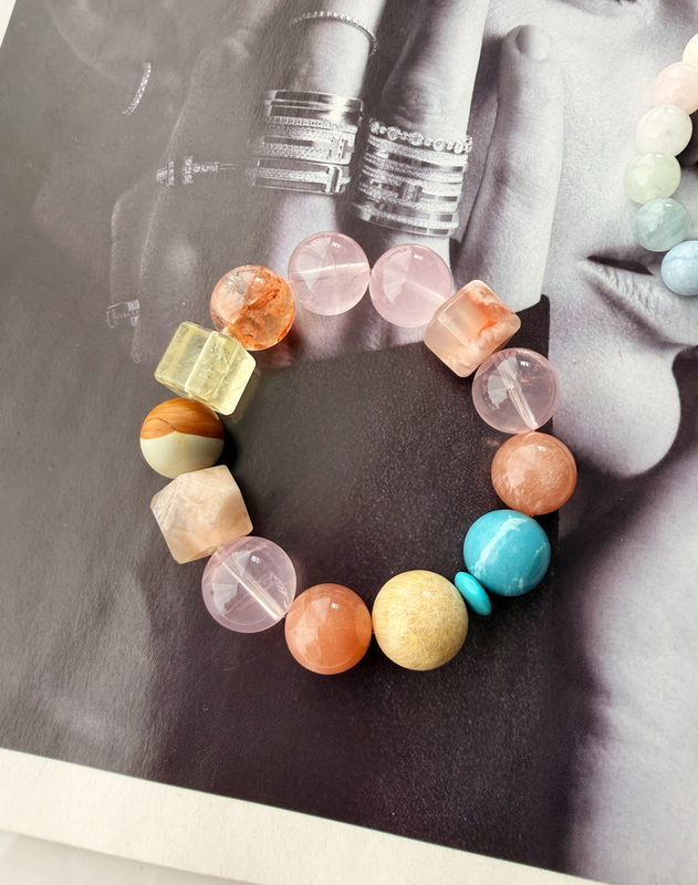 【All Things Divine】 Limited Edition High-Quality Goods! Handcrafted Natural Crystal Bracelet with Cherry Blossom Agate, Pink Crystal, Turquoise, and Coral