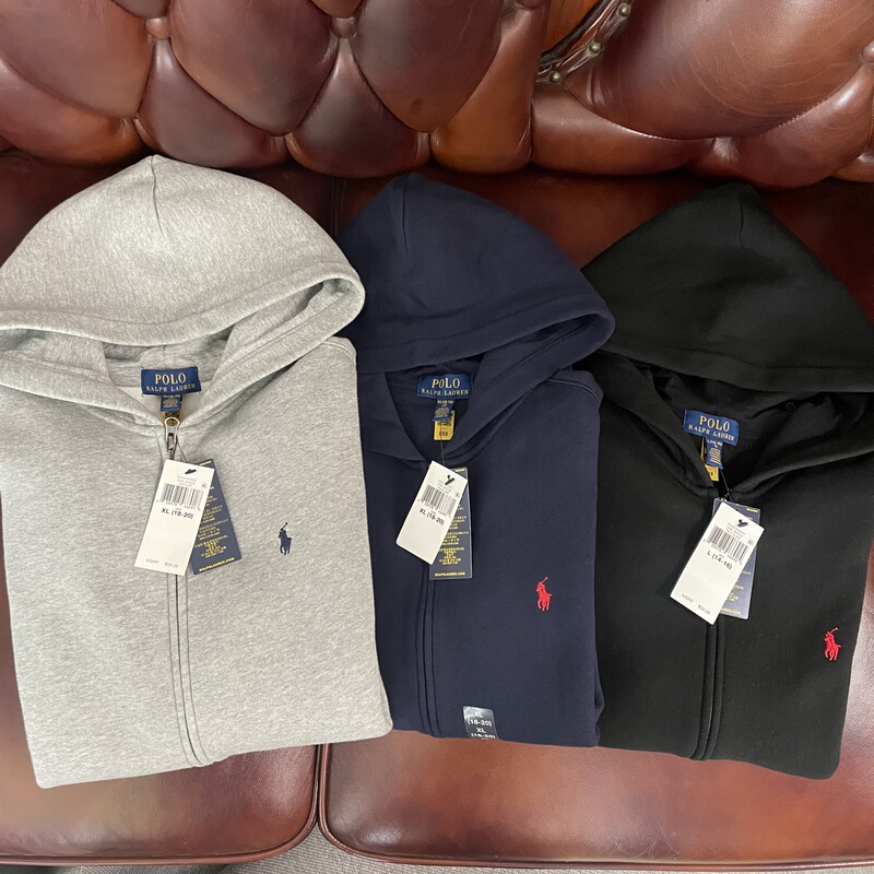 In Stock Polo Ralph Lauren Children's Hooded Zip-Up Sweatshirt Jacket for Boys and Girls, Thin Fleece Gray