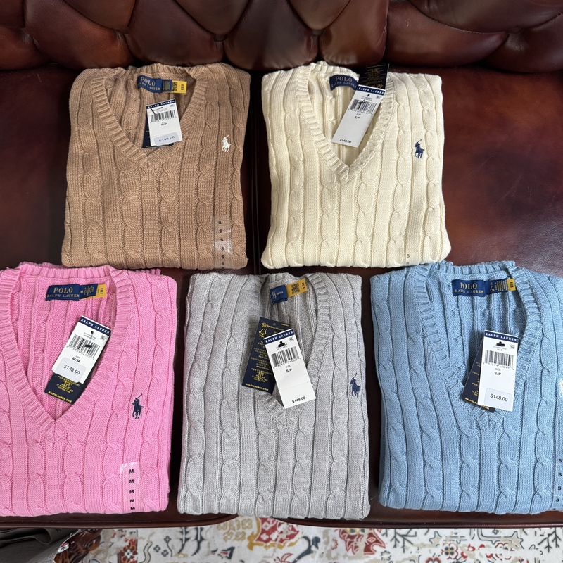 In Stock Ralph Lauren Women's V-Neck Long-Sleeve Cable Knit Pullover Sweater Polo Ralph Lauren