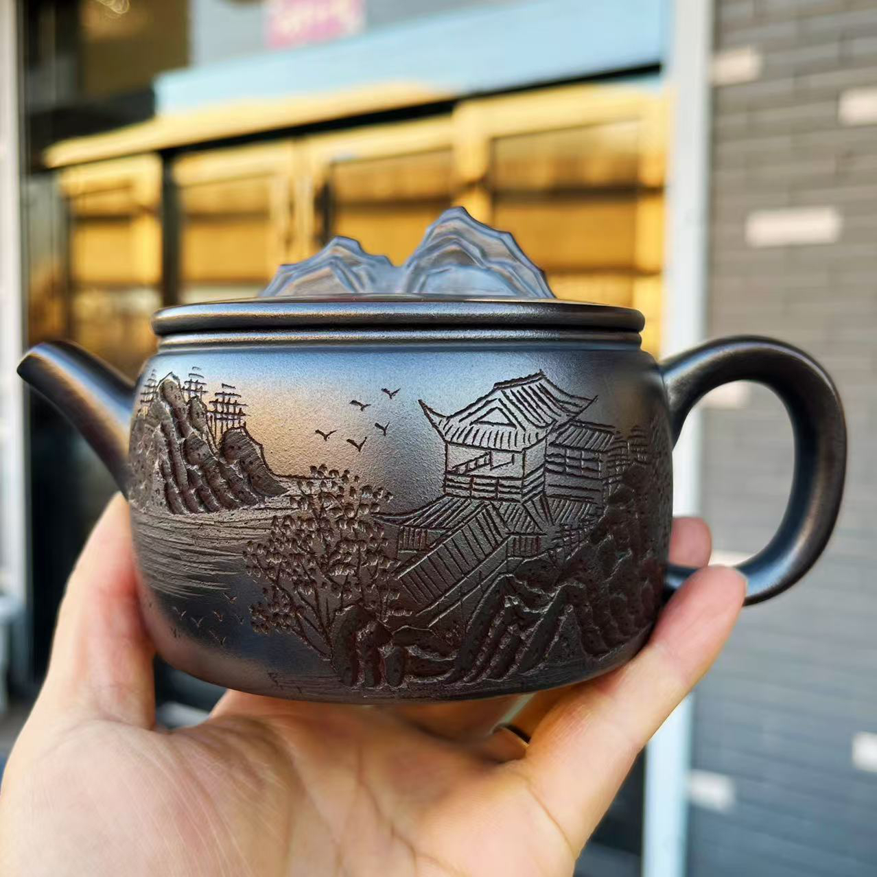 中国宜興紫砂陶芸家 徐偉偉造 紫砂細工急須 刻『雲龍漢詩文』造形紫砂壺朱泥遊環摘 中国宜興紫砂陶芸家 徐偉偉造 紫砂細工急須 刻『雲龍漢詩文