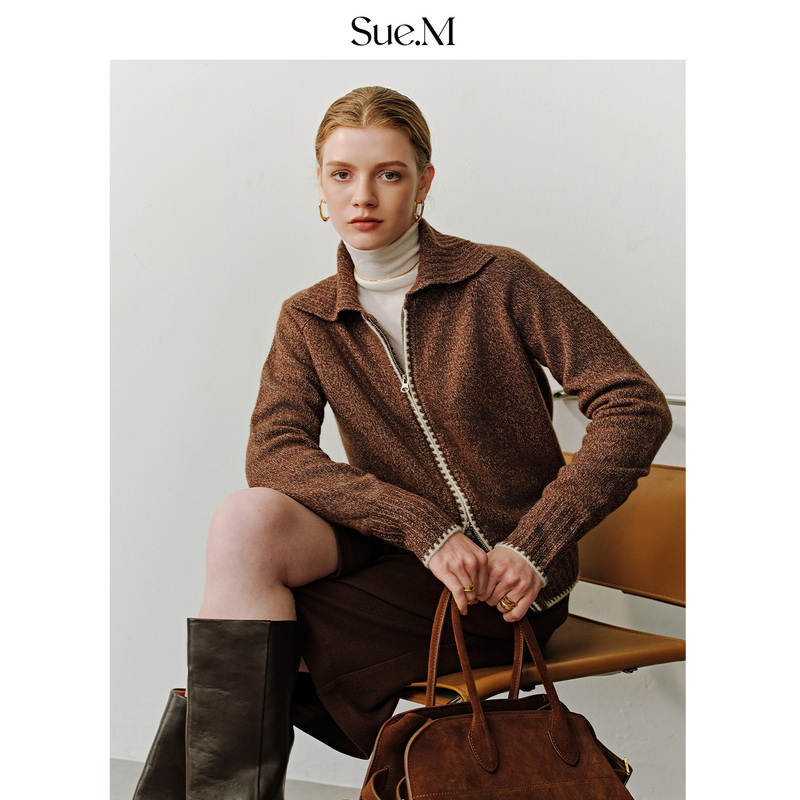 Sue.M Shell Embroidery Tencel Wool Melard Brown Lapel Sweater 26 Spring New Color-Block Trim Knit Cardigan