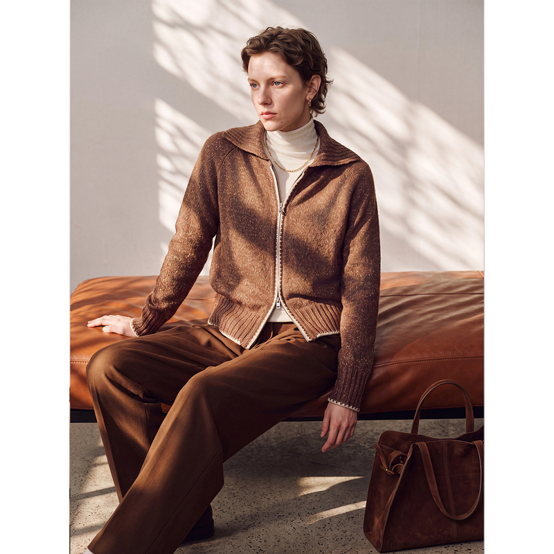 [New for Autumn] Sue.M Melard Brown Shell Embroidered Tencel Wool Contrast Color Lapel Sweater for Women