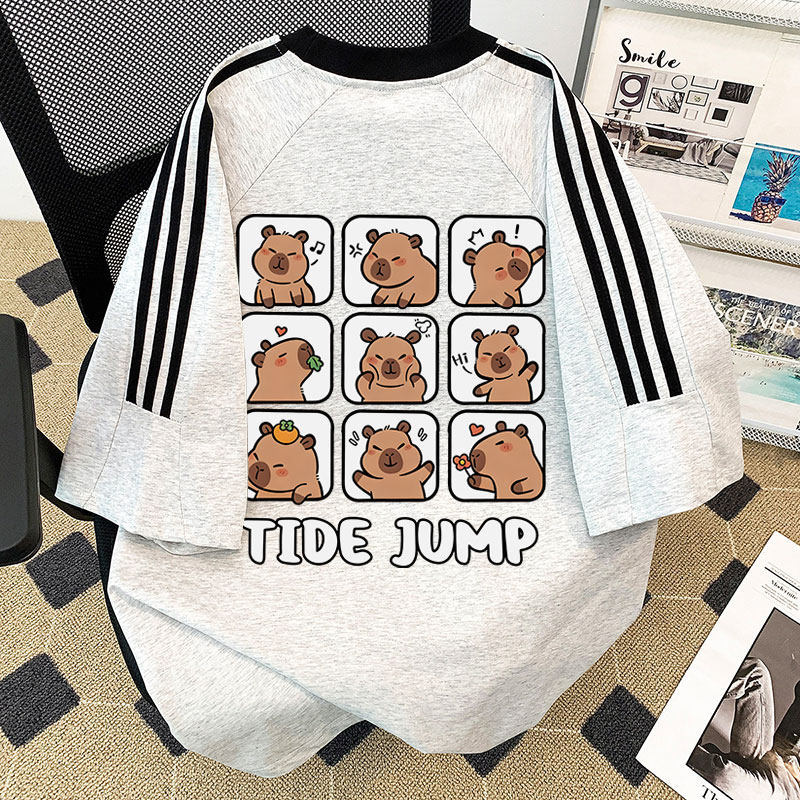 Children's Short-Sleeved T-Shirt Korean Retro Style for Older Kidsren with Three Stripes Kapibara Boys and Girls Summer Pure Cotton Top Trendy