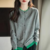 Worsted wool 24 spring and summer womens new loose round neck color-blocked short fake two-piece bottoming top knitted cardigan