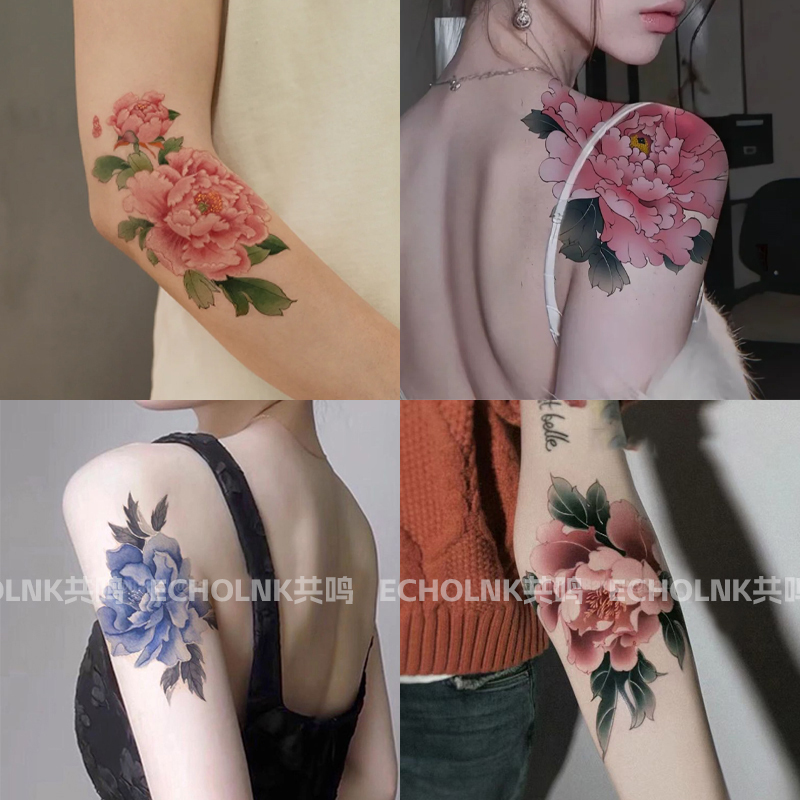 New Chinese-Style High-Quality Peony Flower Colorful Tattoo Stickers for Women, Waterproof, Long-Lasting, Washable, Realistic Arm Tattoos