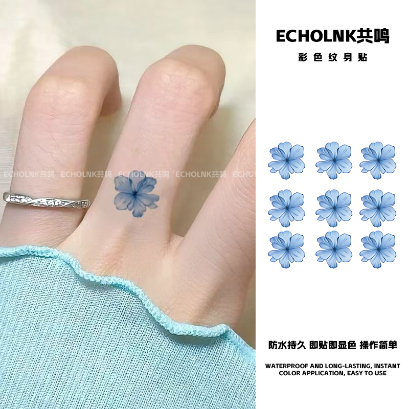 High-Quality ins Style Blue Small Flower Tattoo Stickers, Small Pattern Finger Fake Tattoo Stickers, Waterproof, Sweat-Proof, Long-Lasting