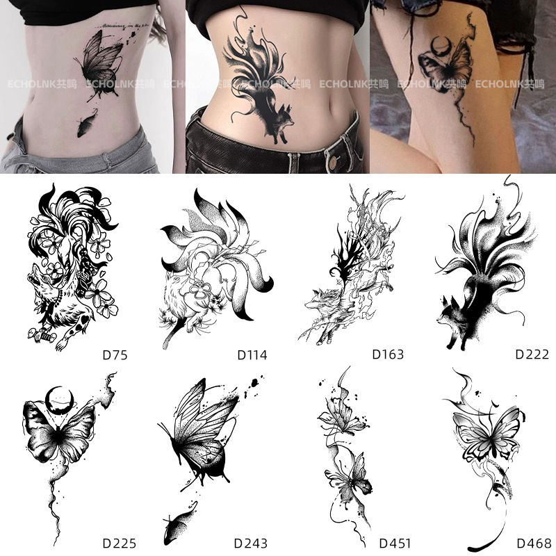 Pure Desire Style Fox and Butterfly Herbal Tattoo Stickers Semi-Permanent Large Area Scar Covering for Waist and Arms Non-Reflective