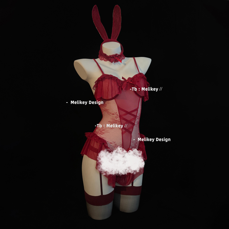 Red Bunny Girl Costume Lace Temptation Open Crotch No Need to Take Off Battle Robe Qqny Lingerie