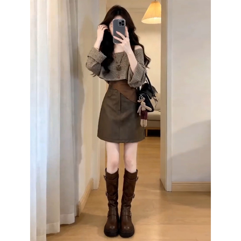 2026 New Style Long-Sleeved Off-The-Shoulder Dress for Women, Early Autumn Elegant and Mature Style Outfit, Complete Set with Short Skirt
