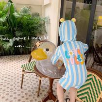 Balabala summer childrens long-sleeved sunscreen swimsuit ins striped one-piece swimsuit for boys and girls for beach swimming