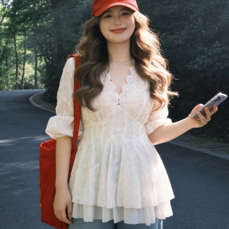 Extra Large Size 150kg Plus-Size French-Style Embroidered Ruffled Lace Shirt for Women, Elegant V-Neck, Cinched Waist, Short-Sleeved Top Extra Large Size 150kg Plus-Size French-Style Embroidered Ruffled Lace Shirt for Women, Elegant V-Neck, Cinched Waist, Short-Sleeved Top