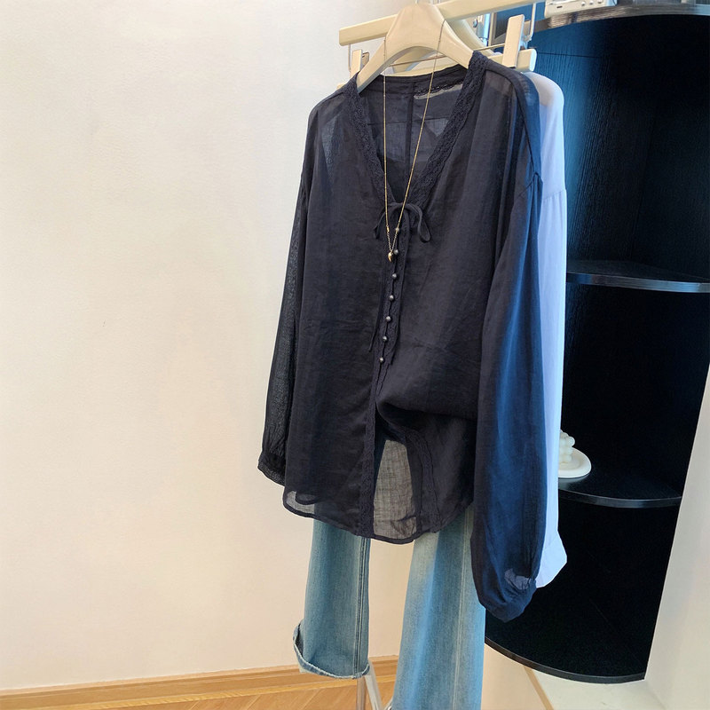 Extra Large Size 150kg Plus-Size Navy Blue Vintage V-Neck Patchwork Lace Long-Sleeve Shirt Early Autumn New French-Style Top Extra Large Size 150kg Plus-Size Navy Blue Vintage V-Neck Patchwork Lace Long-Sleeve Shirt Early Autumn New French-Style Top