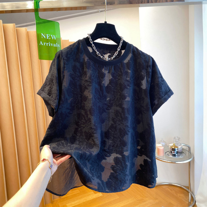 Extra Large Size 150kg Plus-Size Women's Elegant Black Chiffon Top Short-Sleeved 2026 New Loose Jacquard Shirt