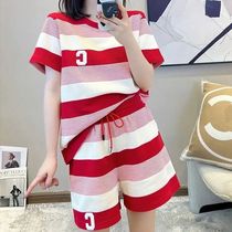 Sreetwear Striped Letter Matching Sets Summer Stylish Round
