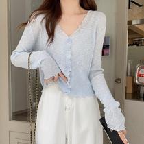 Small cardigan low collar thin loose short dress spring and summer bottoming shirt sweet style welfare jacket casual top