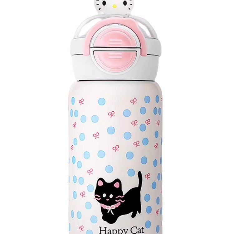 Luonuo Cat Children's Insulated Cup Cute Cartoon Water Bottle Portable Double Drinking Straw Cup Official Genuine Product