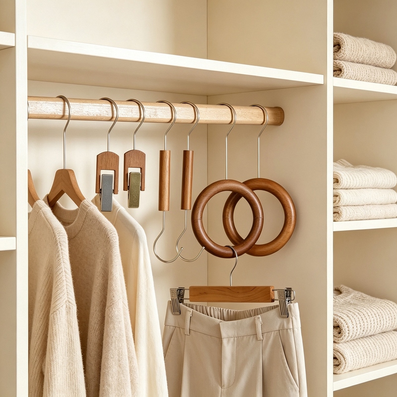 Korean-Style Clothing Store Display Props: Solid Wood Round Ring S-Hooks for Clothes, Pants, and Scarves