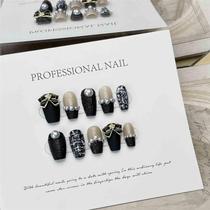 (Purely handmade real shot) Xiaoxiangfeng black woolen high-end street style celebrity fake nail patch detachable